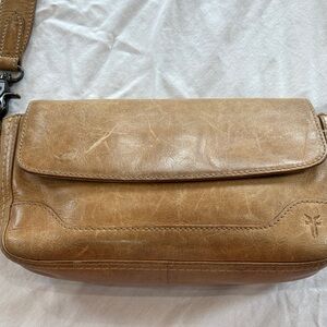 Frye Tan Leather Shoulder Bag “Melissa” baguette mini flap.